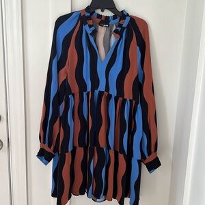 STINE GOYA Jasmine Dress in Wavy Stripes Blue Brown Size M